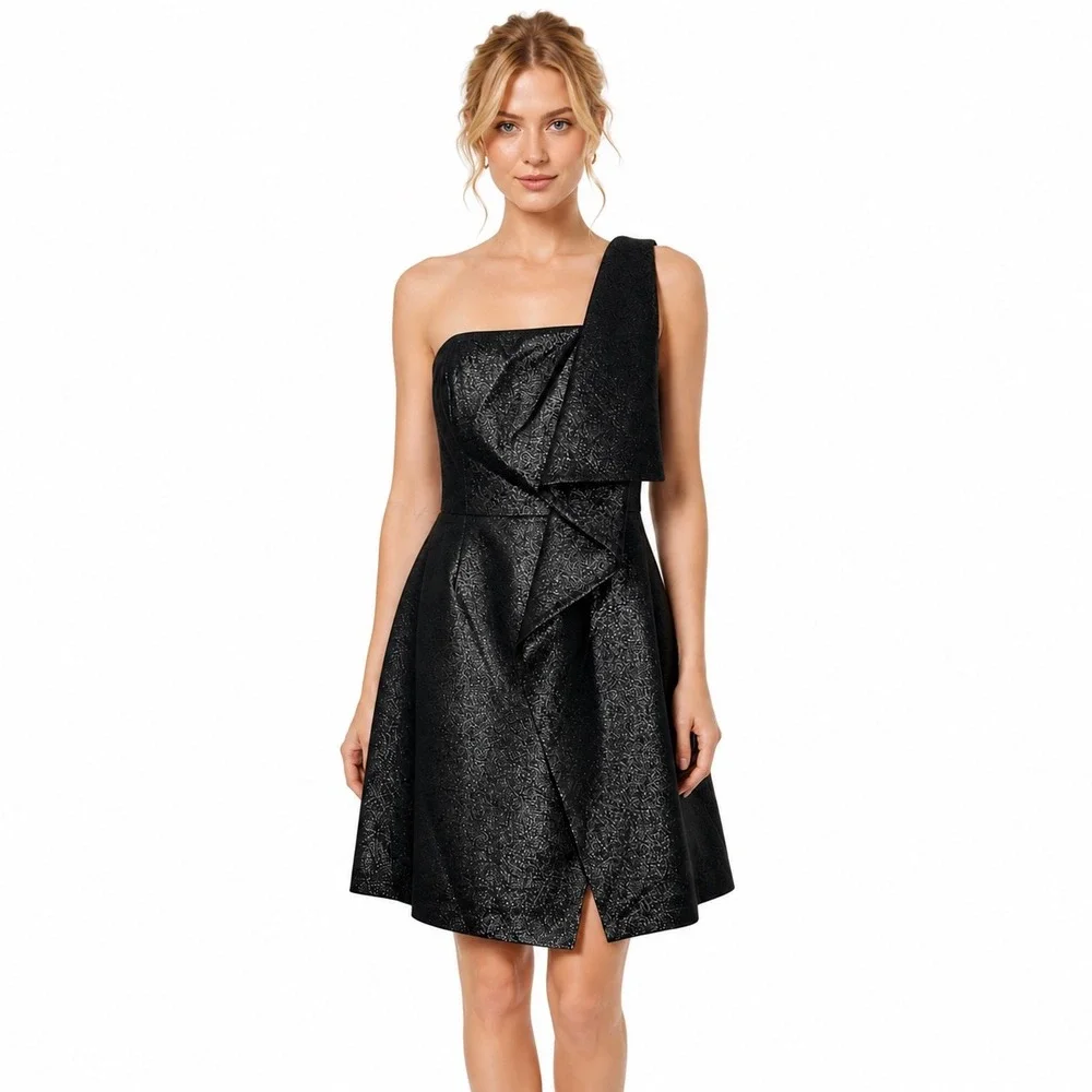 Halston Heritage NWT Black Metallic One Shoulder Draped Cocktail‎ Dress Size 0